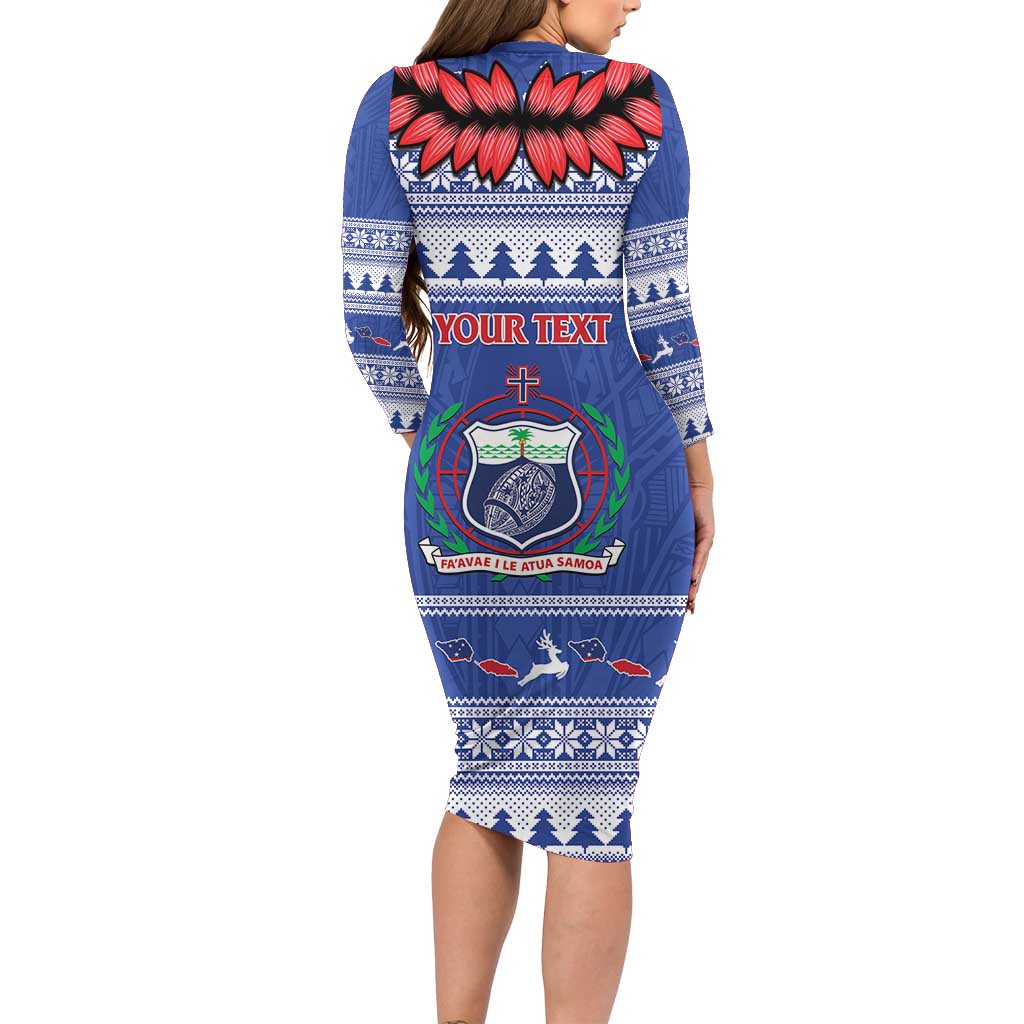 Personalised Toa Samoa Rugby Christmas Family Matching Long Sleeve Bodycon Dress and Hawaiian Shirt Ula Fala Samoan Pattern Blue LT14 - Polynesian Pride