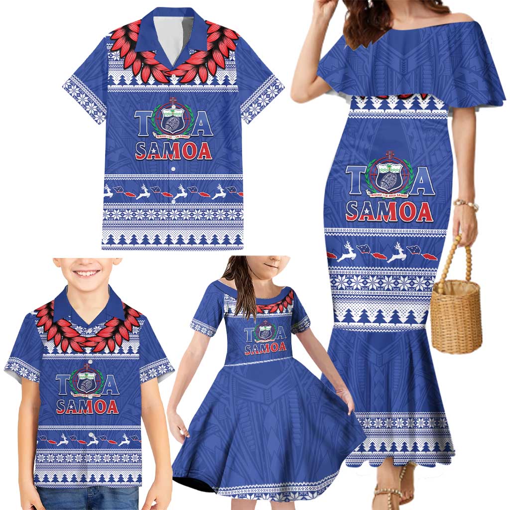 Personalised Toa Samoa Rugby Christmas Family Matching Mermaid Dress and Hawaiian Shirt Ula Fala Samoan Pattern Blue LT14 - Polynesian Pride