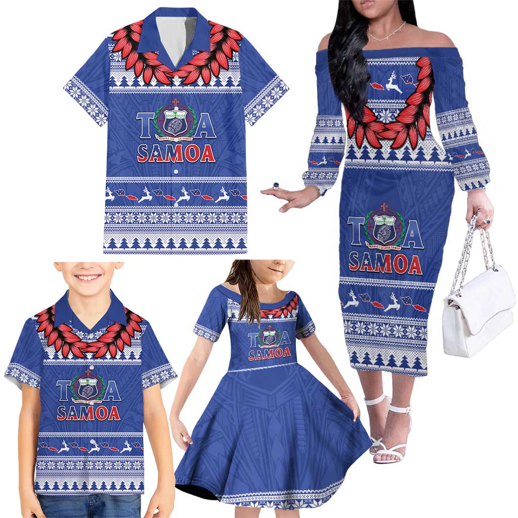 Personalised Toa Samoa Rugby Christmas Family Matching Off The Shoulder Long Sleeve Dress and Hawaiian Shirt Ula Fala Samoan Pattern Blue LT14 - Polynesian Pride
