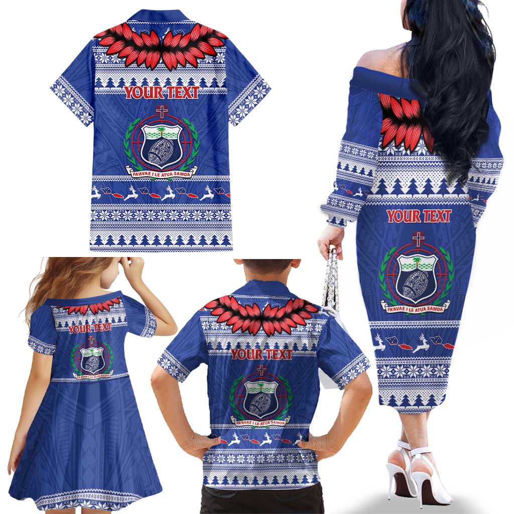 Personalised Toa Samoa Rugby Christmas Family Matching Off The Shoulder Long Sleeve Dress and Hawaiian Shirt Ula Fala Samoan Pattern Blue LT14 - Polynesian Pride