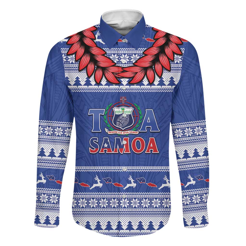 Personalised Toa Samoa Rugby Christmas Family Matching Off The Shoulder Long Sleeve Dress and Hawaiian Shirt Ula Fala Samoan Pattern Blue LT14 Dad's Shirt - Long Sleeve Blue - Polynesian Pride