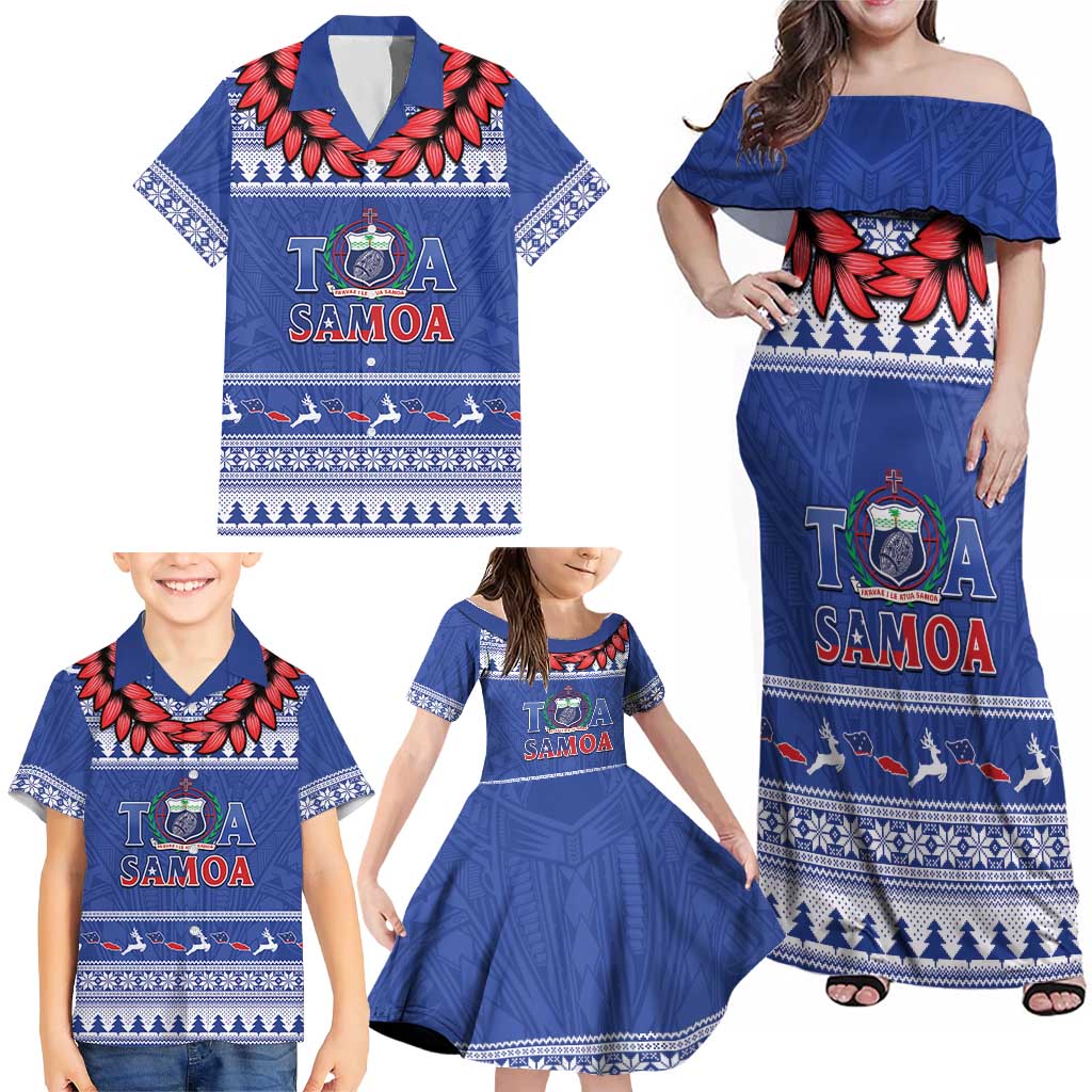 Personalised Toa Samoa Rugby Christmas Family Matching Off Shoulder Maxi Dress and Hawaiian Shirt Ula Fala Samoan Pattern Blue LT14 - Polynesian Pride