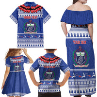 Personalised Toa Samoa Rugby Christmas Family Matching Off Shoulder Maxi Dress and Hawaiian Shirt Ula Fala Samoan Pattern Blue LT14 - Polynesian Pride