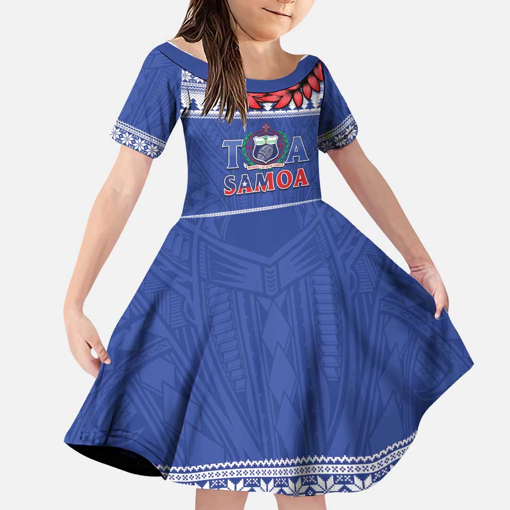 Personalised Toa Samoa Rugby Christmas Family Matching Off Shoulder Short Dress and Hawaiian Shirt Ula Fala Samoan Pattern Blue LT14 Daughter's Dress Blue - Polynesian Pride