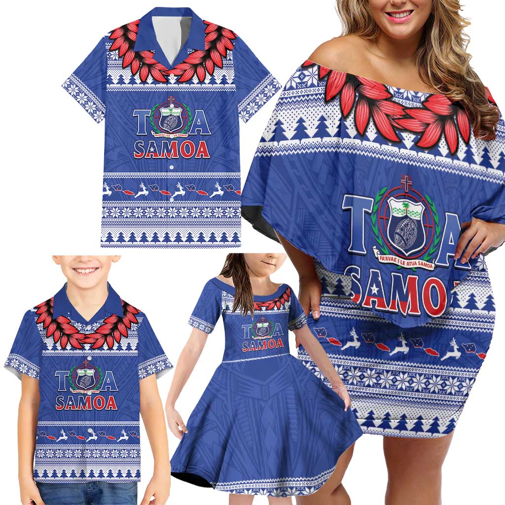 Personalised Toa Samoa Rugby Christmas Family Matching Off Shoulder Short Dress and Hawaiian Shirt Ula Fala Samoan Pattern Blue LT14 - Polynesian Pride
