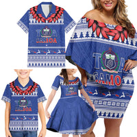 Personalised Toa Samoa Rugby Christmas Family Matching Off Shoulder Short Dress and Hawaiian Shirt Ula Fala Samoan Pattern Blue LT14 - Polynesian Pride