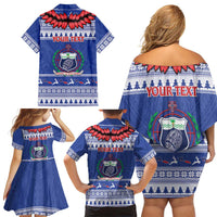 Personalised Toa Samoa Rugby Christmas Family Matching Off Shoulder Short Dress and Hawaiian Shirt Ula Fala Samoan Pattern Blue LT14 - Polynesian Pride