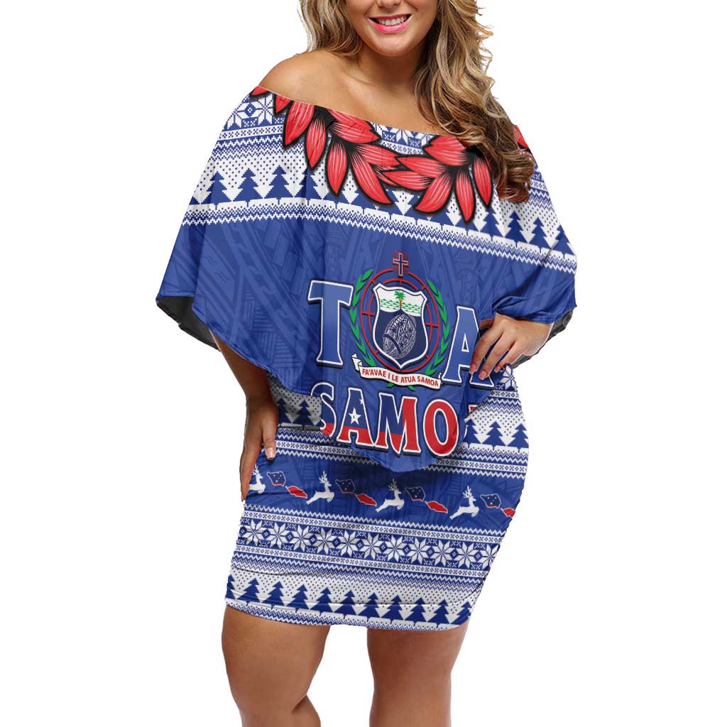Personalised Toa Samoa Rugby Christmas Family Matching Off Shoulder Short Dress and Hawaiian Shirt Ula Fala Samoan Pattern Blue LT14 Mom's Dress Blue - Polynesian Pride