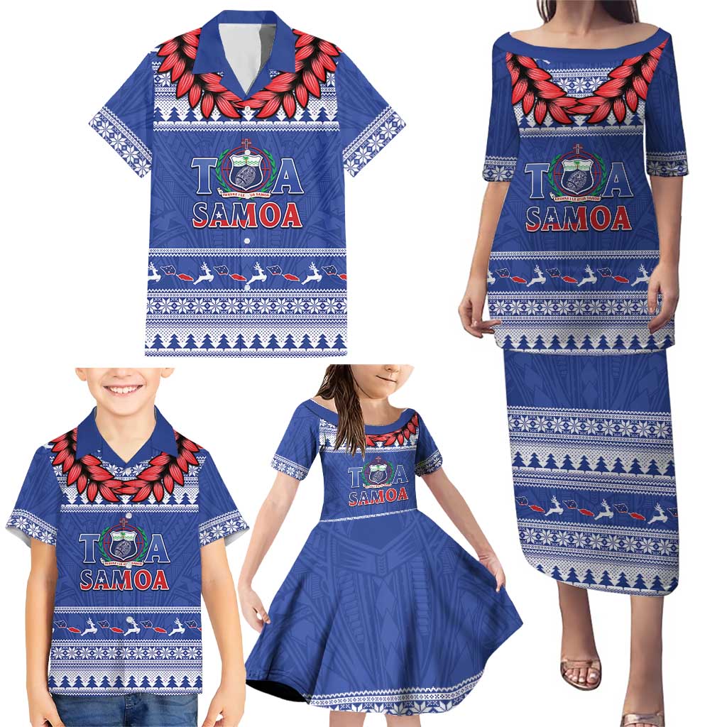 Personalised Toa Samoa Rugby Christmas Family Matching Puletasi and Hawaiian Shirt Ula Fala Samoan Pattern Blue LT14 - Polynesian Pride