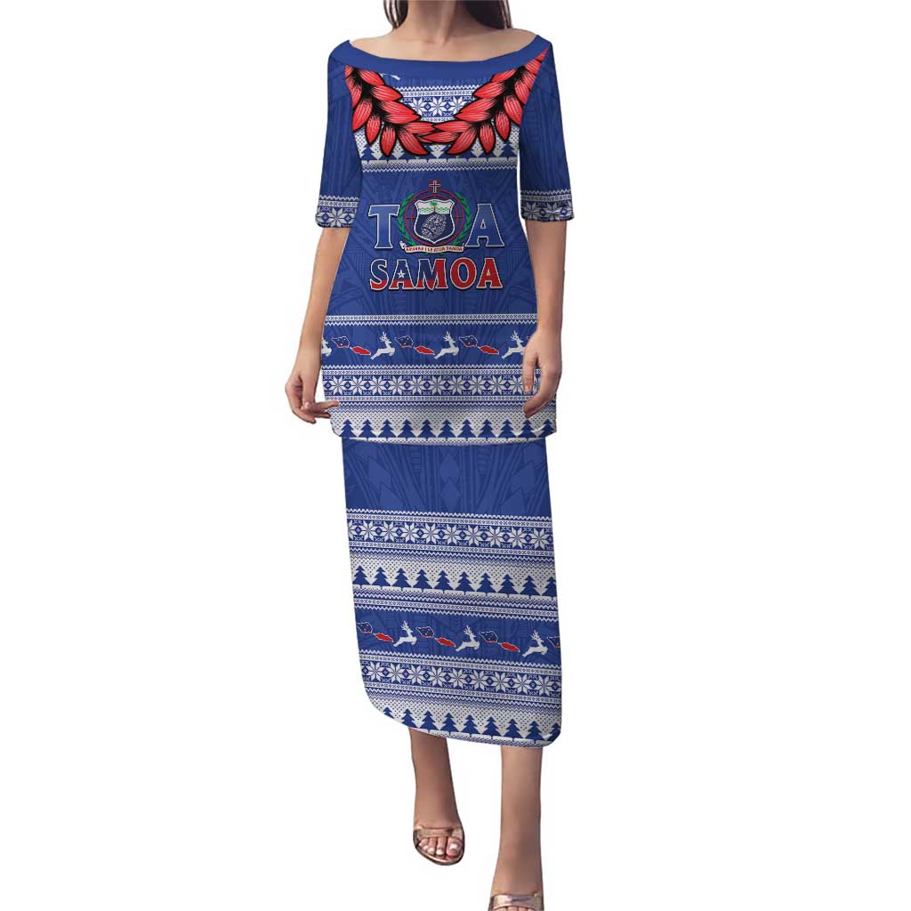 Personalised Toa Samoa Rugby Christmas Family Matching Puletasi and Hawaiian Shirt Ula Fala Samoan Pattern Blue LT14 Mom's Dress Blue - Polynesian Pride