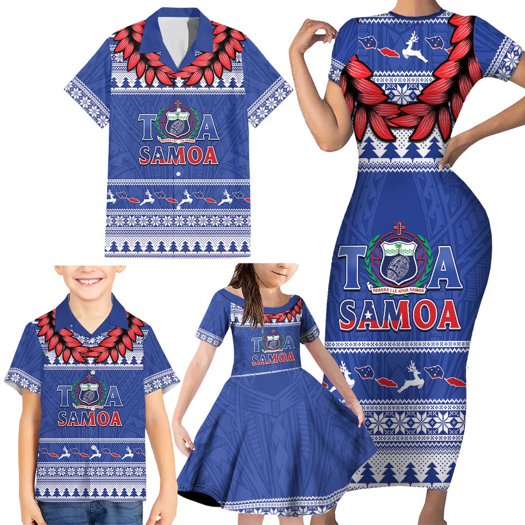 Personalised Toa Samoa Rugby Christmas Family Matching Short Sleeve Bodycon Dress and Hawaiian Shirt Ula Fala Samoan Pattern Blue LT14 - Polynesian Pride