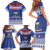 Personalised Toa Samoa Rugby Christmas Family Matching Short Sleeve Bodycon Dress and Hawaiian Shirt Ula Fala Samoan Pattern Blue LT14 - Polynesian Pride