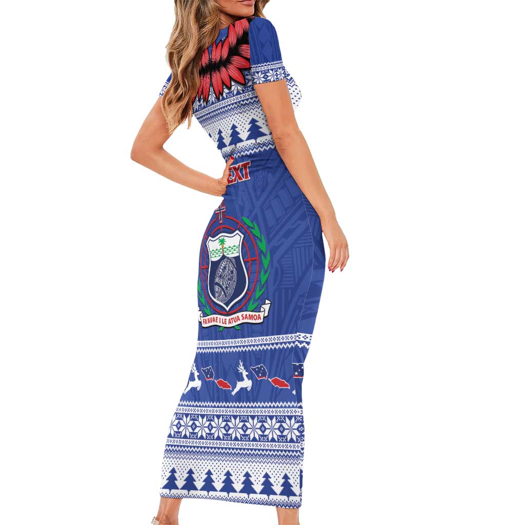 Personalised Toa Samoa Rugby Christmas Family Matching Short Sleeve Bodycon Dress and Hawaiian Shirt Ula Fala Samoan Pattern Blue LT14 - Polynesian Pride