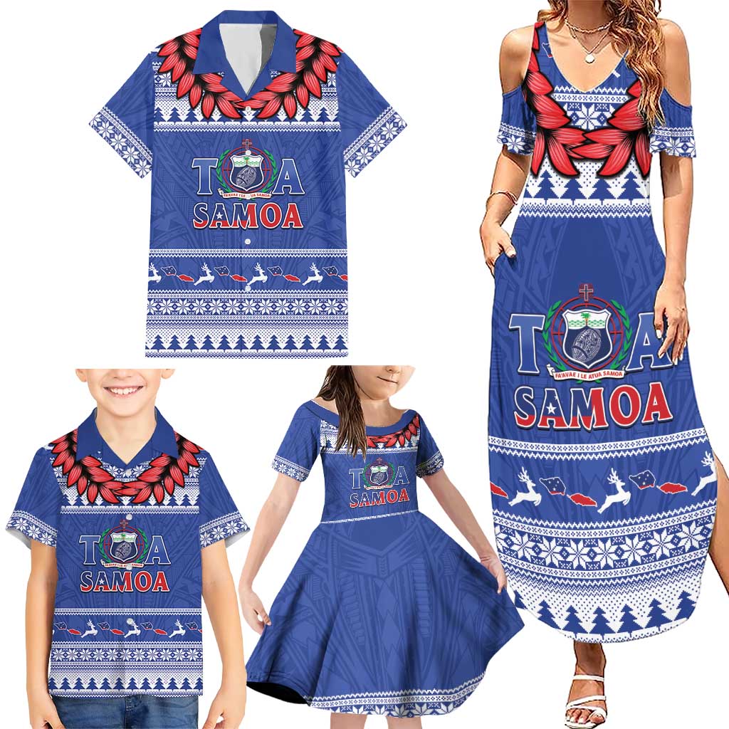 Personalised Toa Samoa Rugby Christmas Family Matching Summer Maxi Dress and Hawaiian Shirt Ula Fala Samoan Pattern Blue LT14 - Polynesian Pride