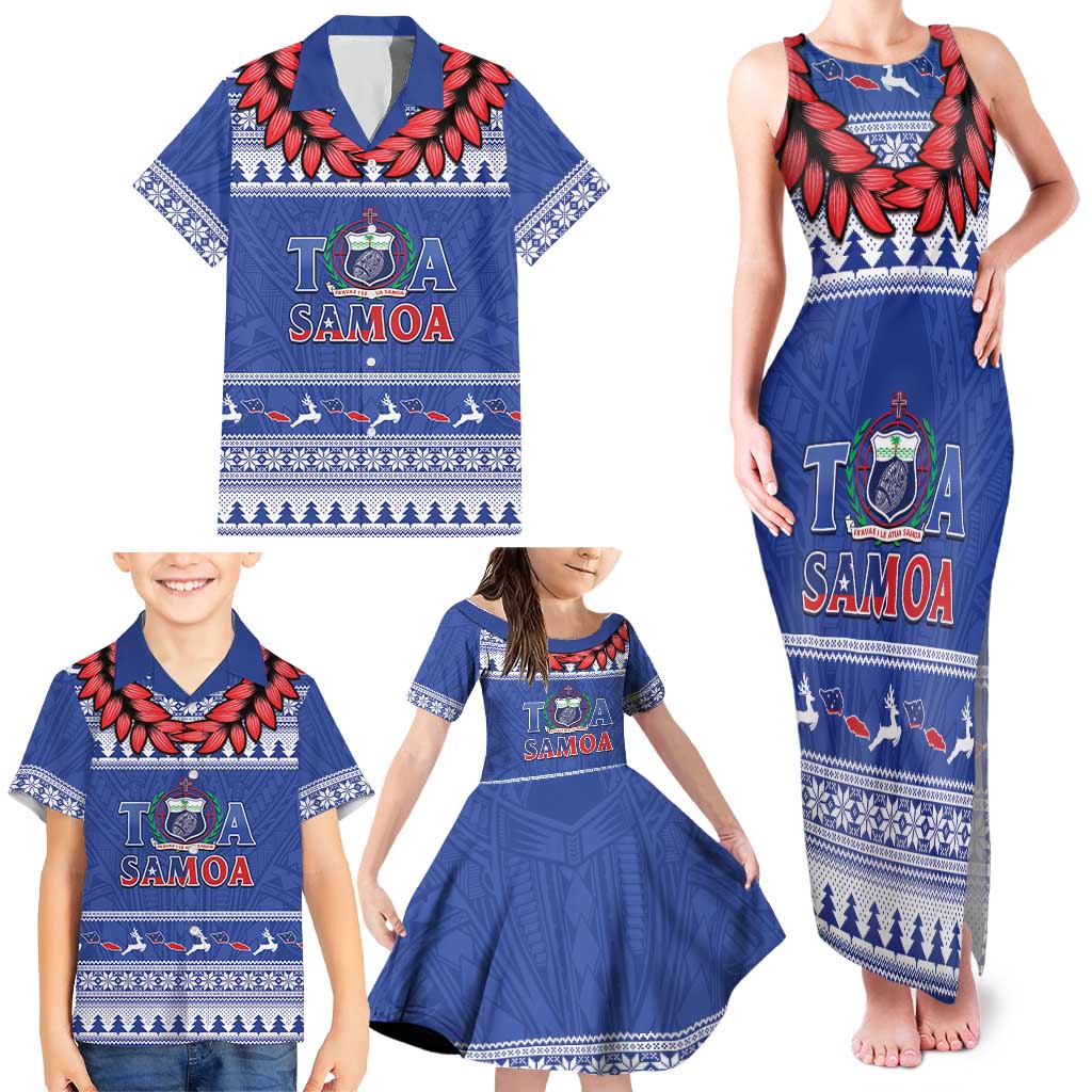Personalised Toa Samoa Rugby Christmas Family Matching Tank Maxi Dress and Hawaiian Shirt Ula Fala Samoan Pattern Blue LT14 - Polynesian Pride