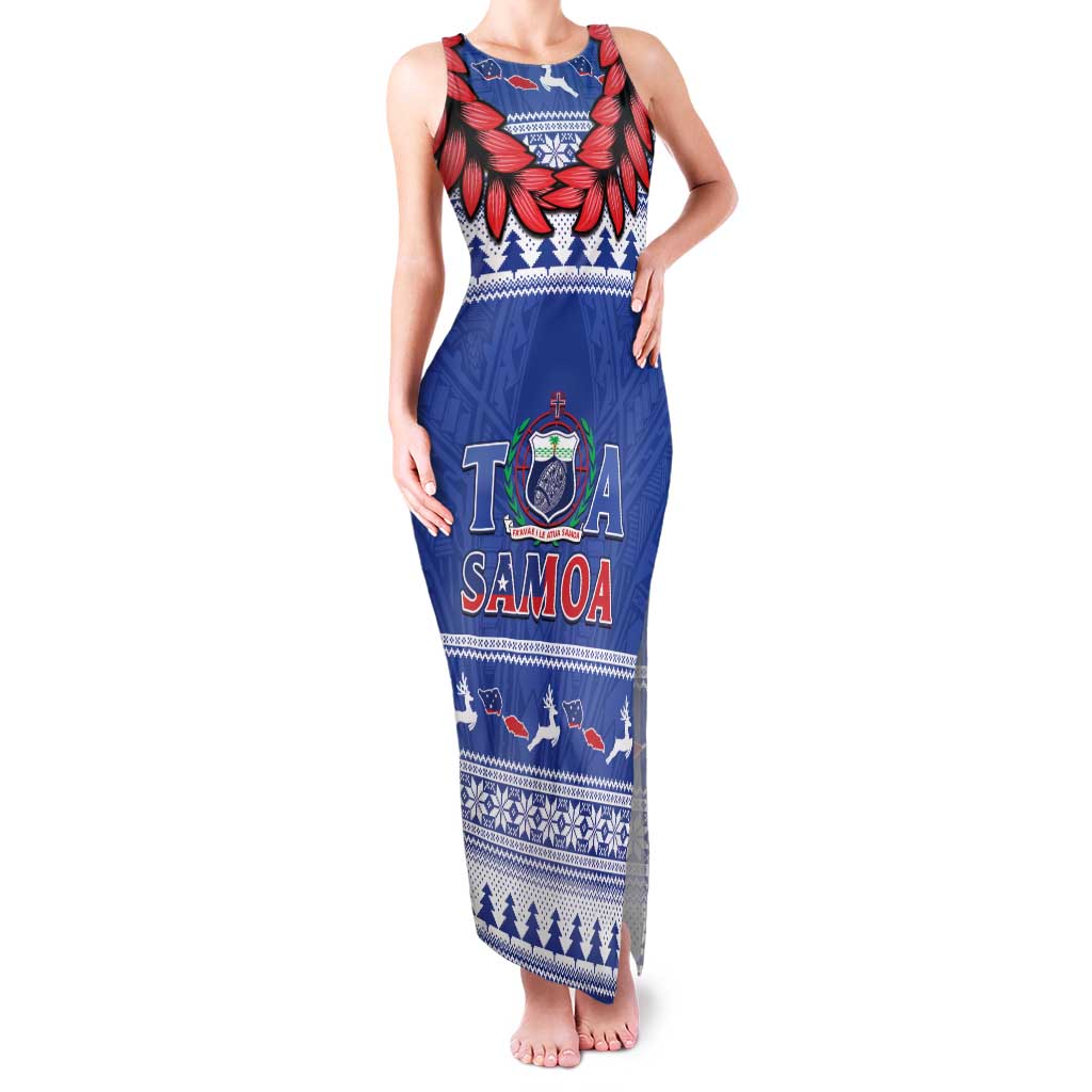 Personalised Toa Samoa Rugby Christmas Family Matching Tank Maxi Dress and Hawaiian Shirt Ula Fala Samoan Pattern Blue LT14 Mom's Dress Blue - Polynesian Pride