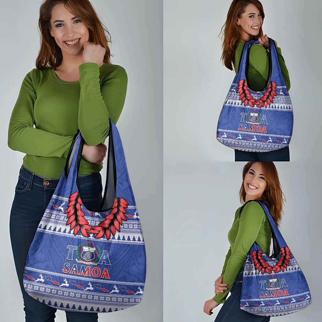 Toa Samoa Rugby Christmas Grocery Bag Ula Fala Samoan Pattern Blue - Polynesian Pride