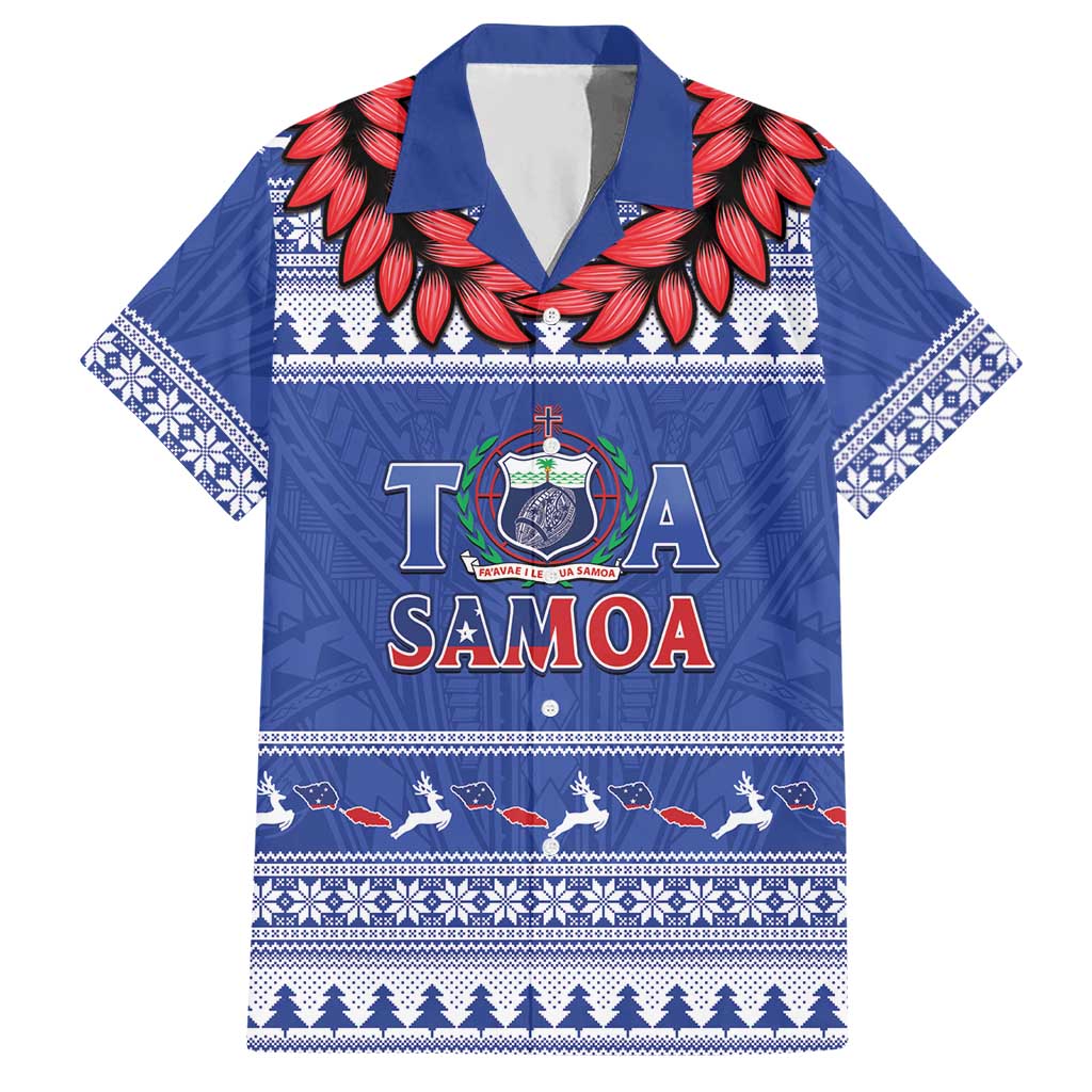 Personalised Toa Samoa Rugby Christmas Hawaiian Shirt Ula Fala Samoan Pattern Blue - Polynesian Pride