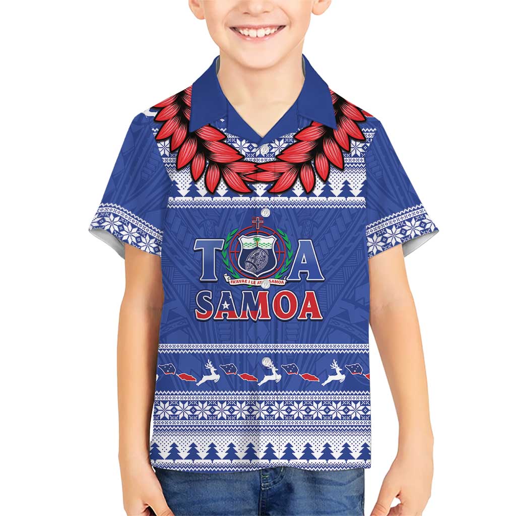 Personalised Toa Samoa Rugby Christmas Kid Hawaiian Shirt Ula Fala Samoan Pattern Blue - Polynesian Pride