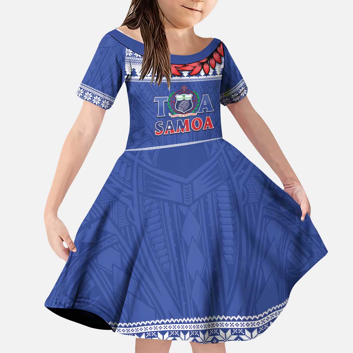 Personalised Toa Samoa Rugby Christmas Kid Short Sleeve Dress Ula Fala Samoan Pattern Blue - Polynesian Pride