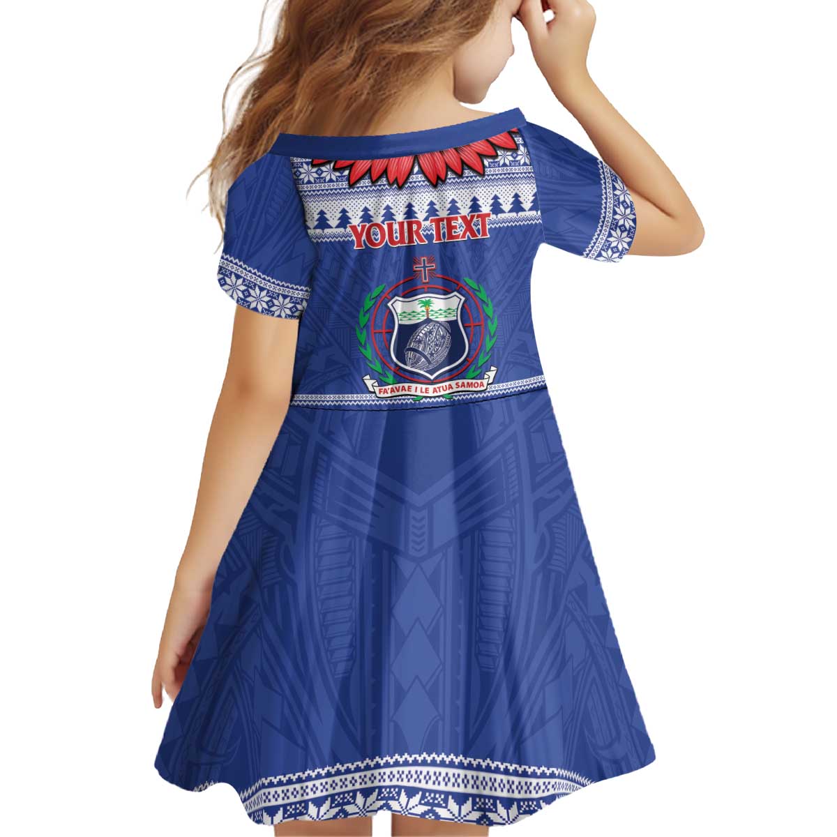 Personalised Toa Samoa Rugby Christmas Kid Short Sleeve Dress Ula Fala Samoan Pattern Blue - Polynesian Pride