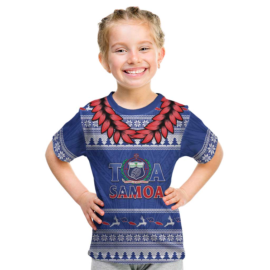 Personalised Toa Samoa Rugby Christmas Kid T Shirt Ula Fala Samoan Pattern Blue LT14 Blue - Polynesian Pride