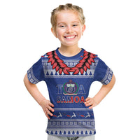Personalised Toa Samoa Rugby Christmas Kid T Shirt Ula Fala Samoan Pattern Blue LT14 Blue - Polynesian Pride