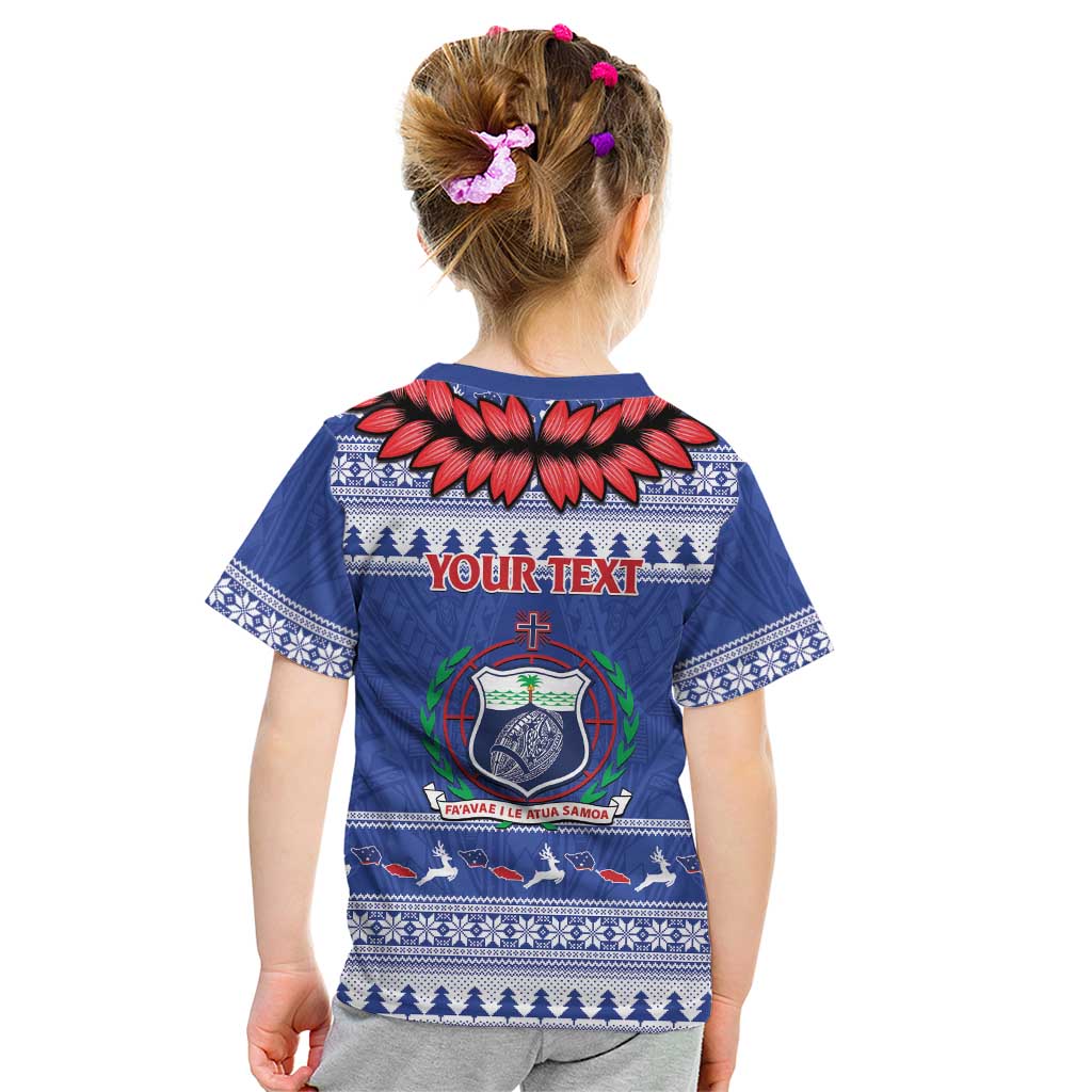 Personalised Toa Samoa Rugby Christmas Kid T Shirt Ula Fala Samoan Pattern Blue LT14 - Polynesian Pride