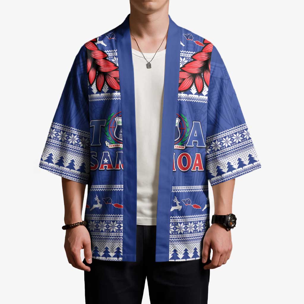 Personalised Toa Samoa Rugby Christmas Kimono Ula Fala Samoan Pattern Blue - Polynesian Pride