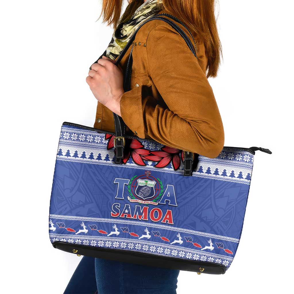 Toa Samoa Rugby Christmas Leather Tote Bag Ula Fala Samoan Pattern Blue - Polynesian Pride