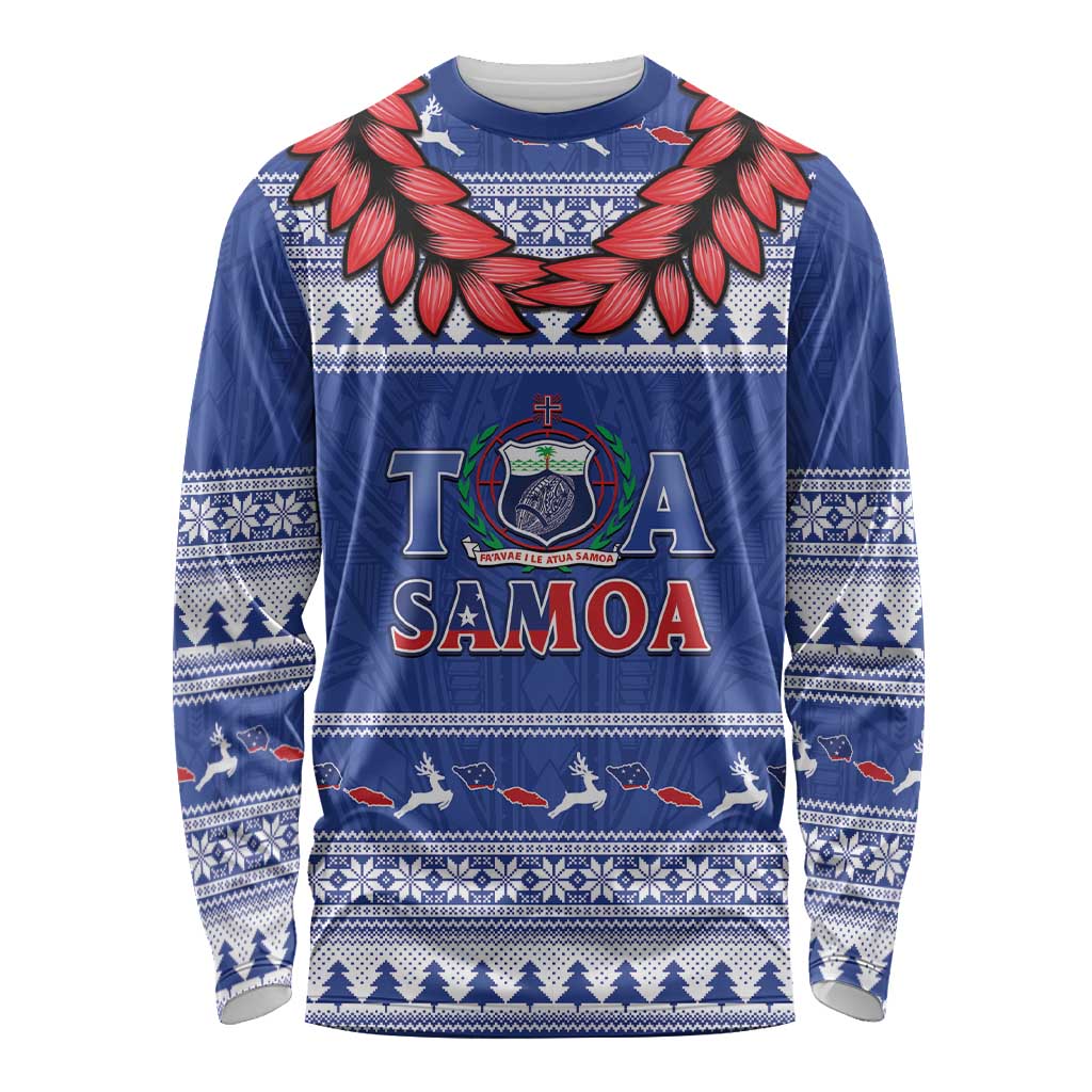 Personalised Toa Samoa Rugby Christmas Long Sleeve Shirt Ula Fala Samoan Pattern Blue LT14 Unisex Blue - Polynesian Pride