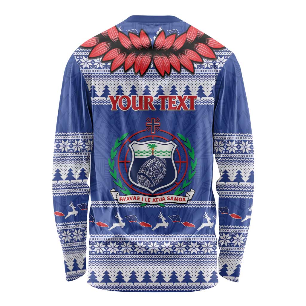 Personalised Toa Samoa Rugby Christmas Long Sleeve Shirt Ula Fala Samoan Pattern Blue LT14 - Polynesian Pride
