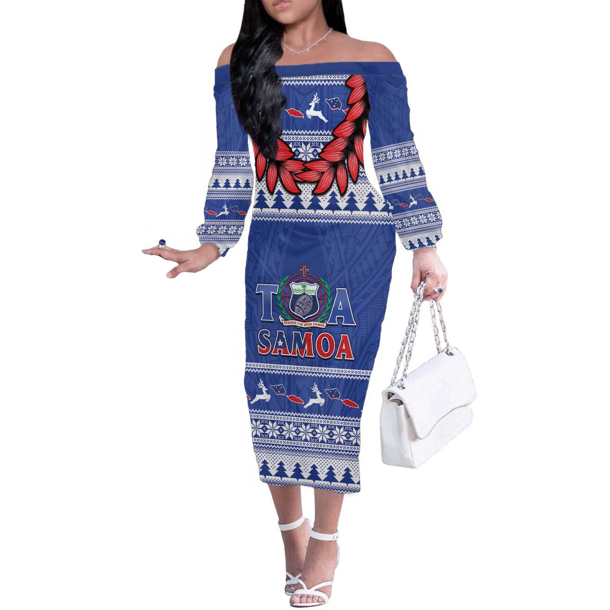 Personalised Toa Samoa Rugby Christmas Off The Shoulder Long Sleeve Dress Ula Fala Samoan Pattern Blue - Polynesian Pride