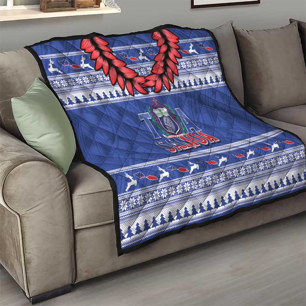 Toa Samoa Rugby Christmas Quilt Ula Fala Samoan Pattern Blue - Polynesian Pride