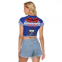 Personalised Toa Samoa Rugby Christmas Raglan Cropped T Shirt Ula Fala Samoan Pattern Blue - Polynesian Pride