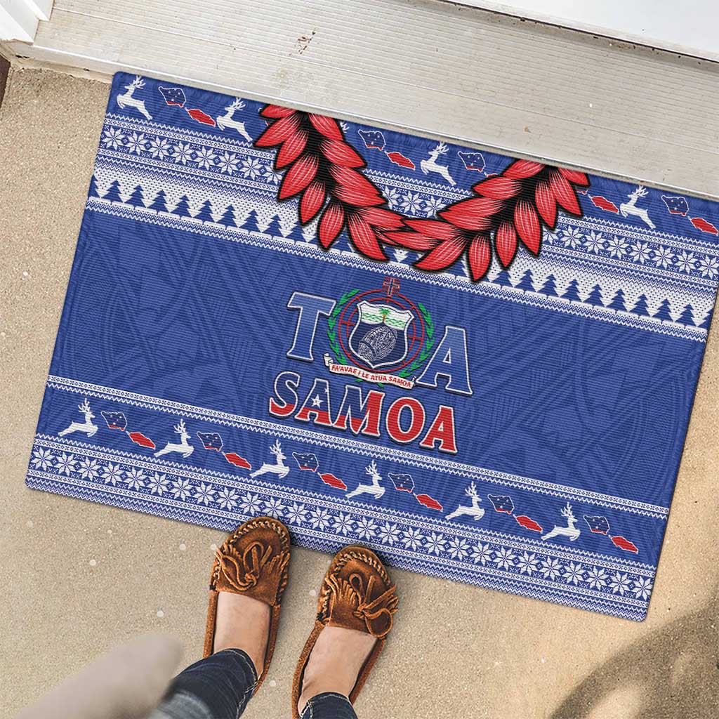 Toa Samoa Rugby Christmas Rubber Doormat Ula Fala Samoan Pattern Blue - Polynesian Pride