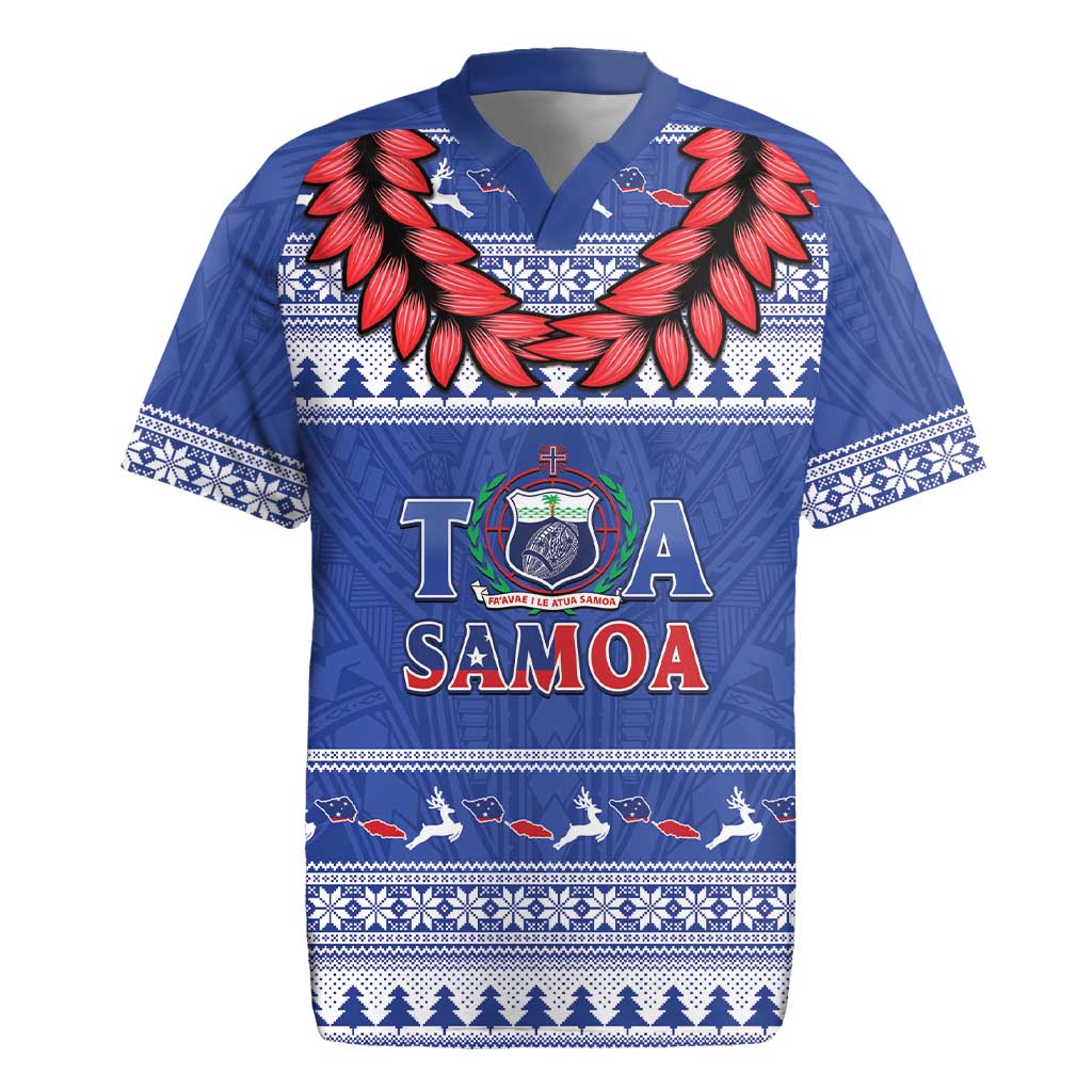 Personalised Toa Samoa Rugby Christmas Rugby Jersey Ula Fala Samoan Pattern Blue - Polynesian Pride