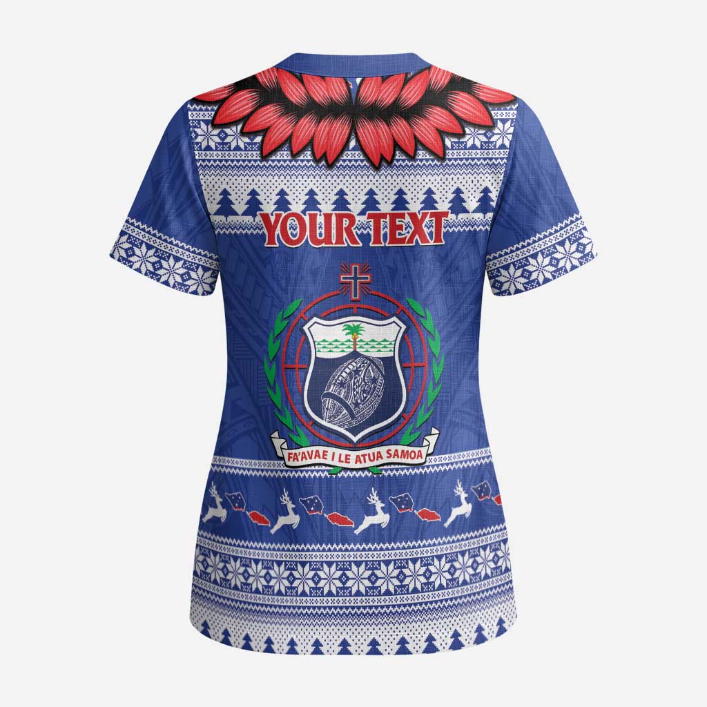 Personalised Toa Samoa Rugby Christmas Scrub Top Ula Fala Samoan Pattern Blue - Polynesian Pride