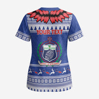 Personalised Toa Samoa Rugby Christmas Scrub Top Ula Fala Samoan Pattern Blue - Polynesian Pride