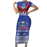 Personalised Toa Samoa Rugby Christmas Short Sleeve Bodycon Dress Ula Fala Samoan Pattern Blue - Polynesian Pride