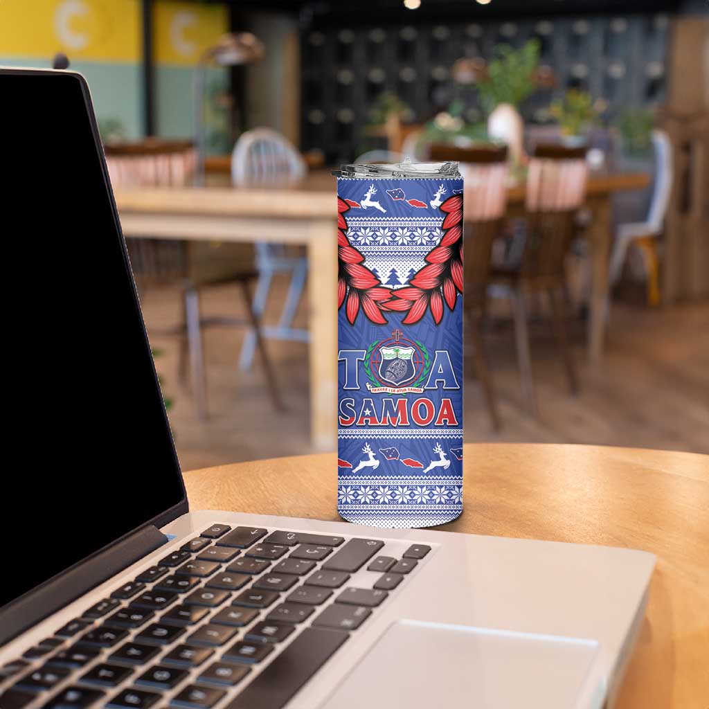 Toa Samoa Rugby Christmas Skinny Tumbler Ula Fala Samoan Pattern Blue - Polynesian Pride