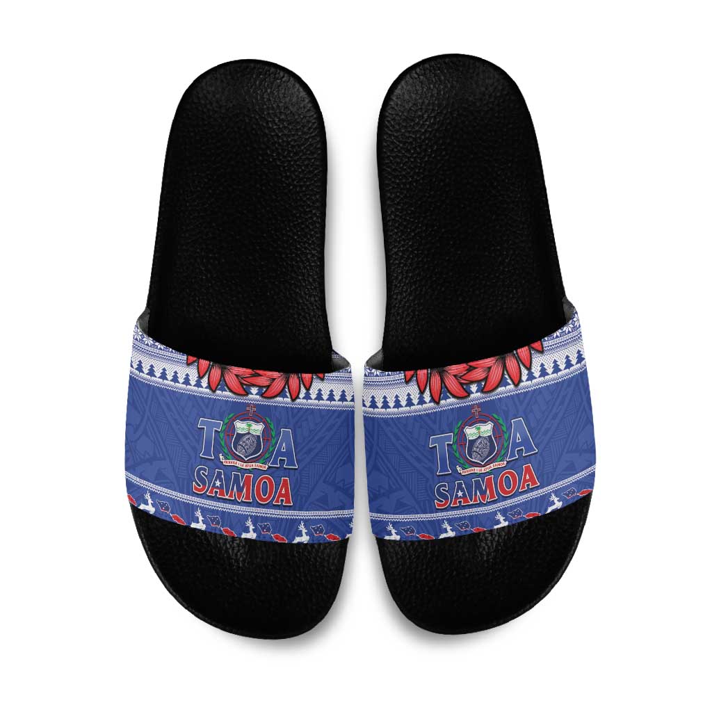 Toa Samoa Rugby Christmas Slide Sandals Ula Fala Samoan Pattern Blue - Polynesian Pride