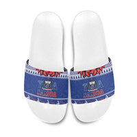 Toa Samoa Rugby Christmas Slide Sandals Ula Fala Samoan Pattern Blue - Polynesian Pride