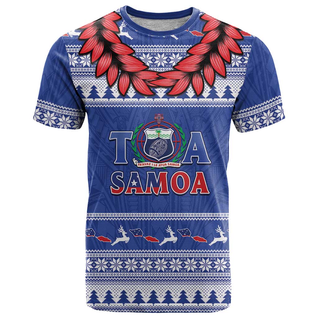 Personalised Toa Samoa Rugby Christmas T Shirt Ula Fala Samoan Pattern Blue - Polynesian Pride