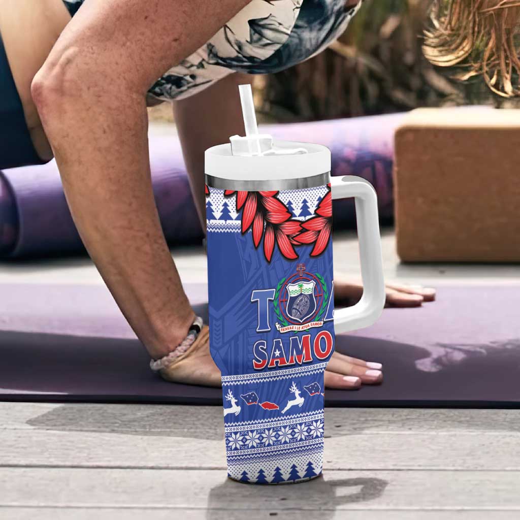 Toa Samoa Rugby Christmas Tumbler With Handle Ula Fala Samoan Pattern Blue - Polynesian Pride