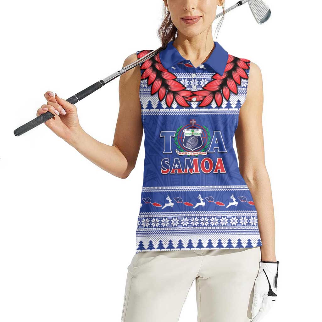 Personalised Toa Samoa Rugby Christmas Women Sleeveless Polo Shirt Ula Fala Samoan Pattern Blue - Polynesian Pride
