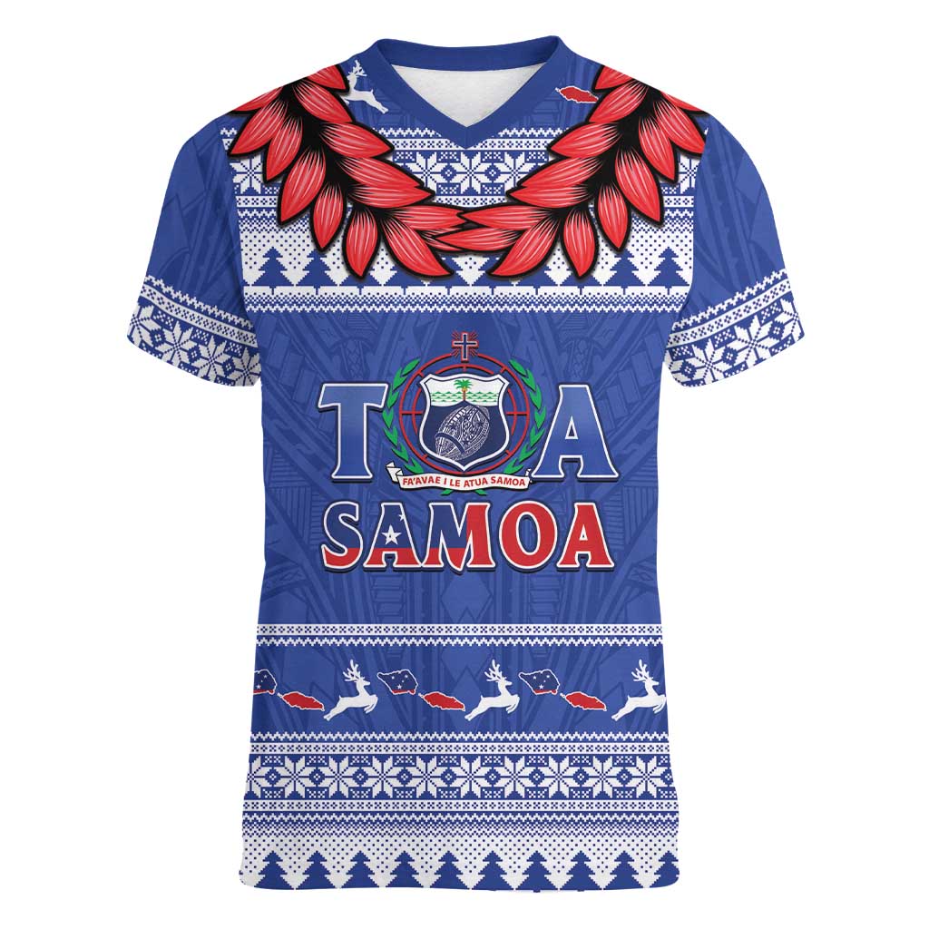 Personalised Toa Samoa Rugby Christmas Women V-Neck T-Shirt Ula Fala Samoan Pattern Blue LT14 Female Blue - Polynesian Pride