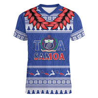 Personalised Toa Samoa Rugby Christmas Women V-Neck T-Shirt Ula Fala Samoan Pattern Blue LT14 Female Blue - Polynesian Pride