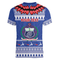 Personalised Toa Samoa Rugby Christmas Women V-Neck T-Shirt Ula Fala Samoan Pattern Blue LT14 - Polynesian Pride