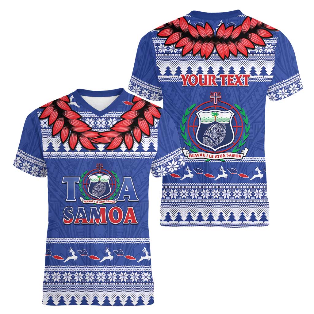Personalised Toa Samoa Rugby Christmas Women V-Neck T-Shirt Ula Fala Samoan Pattern Blue LT14 - Polynesian Pride